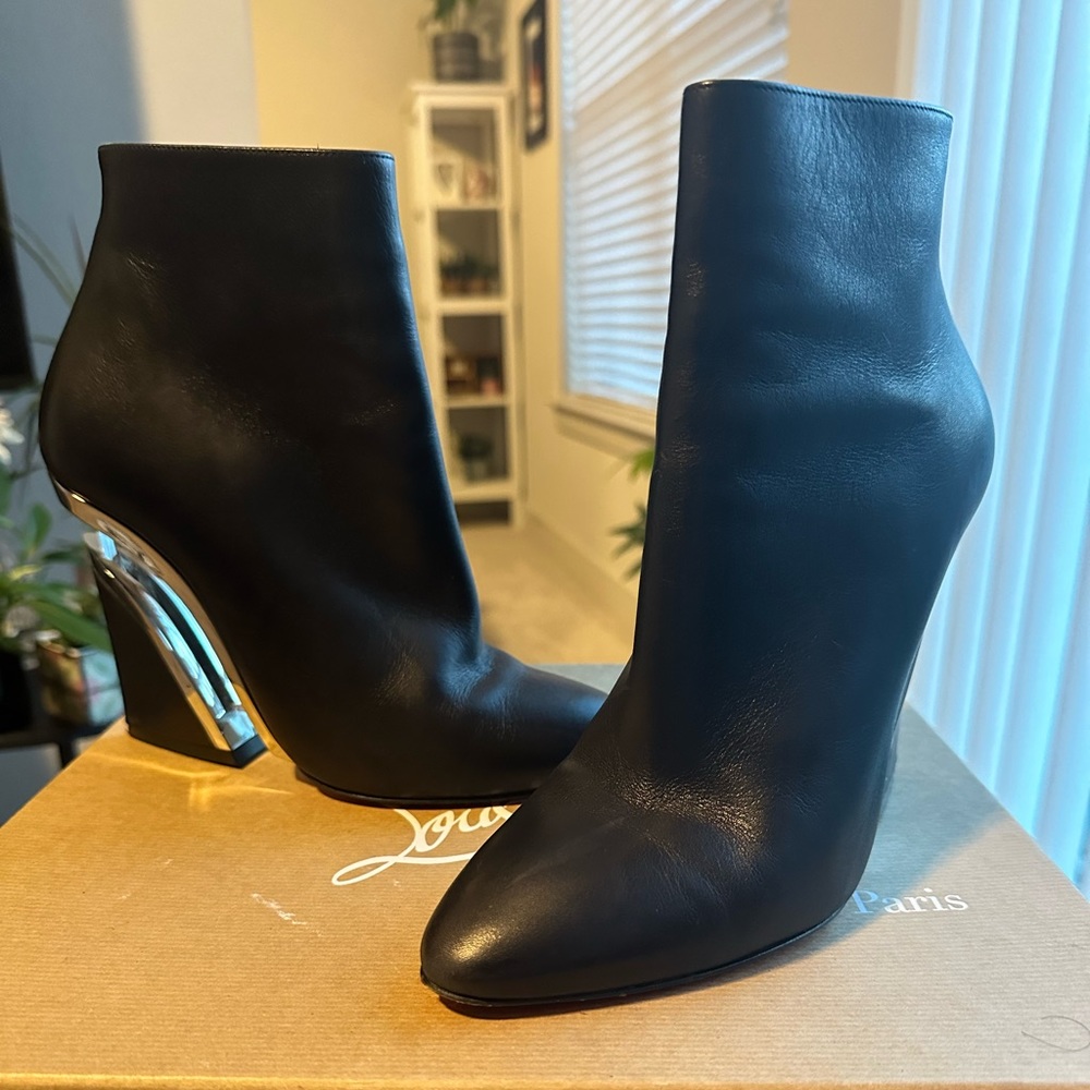 Christian Louboutin Black Leather Ankle Booties with Silver Mirror Heel